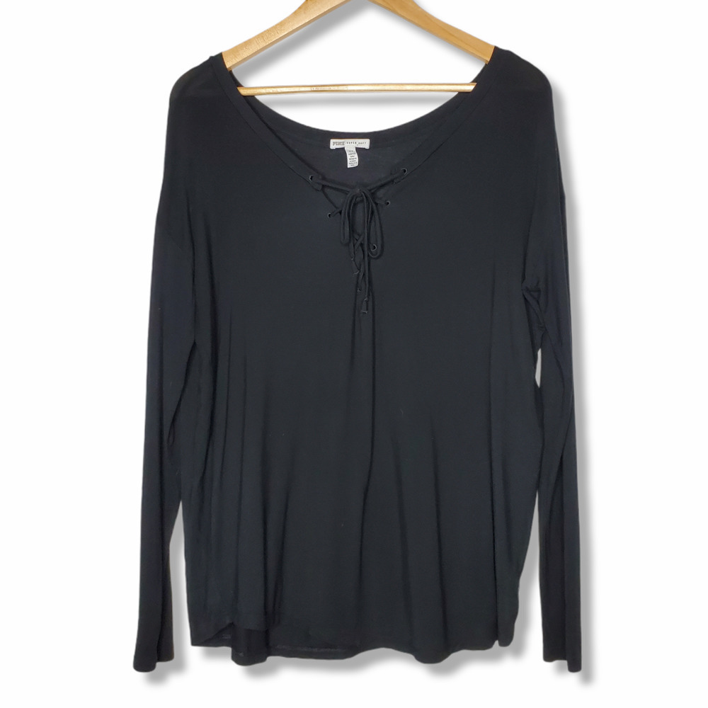 PINK Super Soft Tie Front Long Sleeve Tee Black S